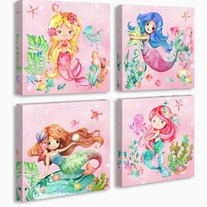 4 Pc Mermaid Pink Canvas Wall Art, Girls Room Wall Decor, Artwork, NEW, 12" x 12